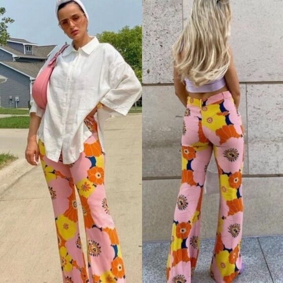 Zara Floral Print Flare Pants Sz.S Pink High Rise Viscose Dopamine Blogger Fav - Picture 2 of 16